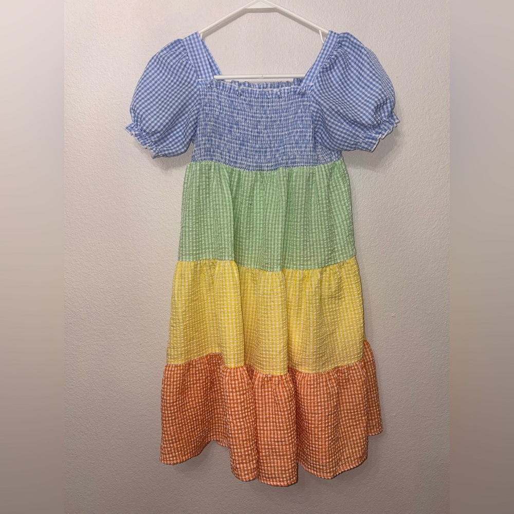 SHEIN Girls Colorblock Gingham Dress Size 160 (US 12-14) Blue Green Yellow Orang